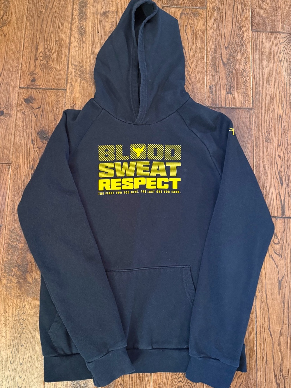 Under Armour Project Rock Hoodie with Yellow 'Blood Sweat Respect' Graphic